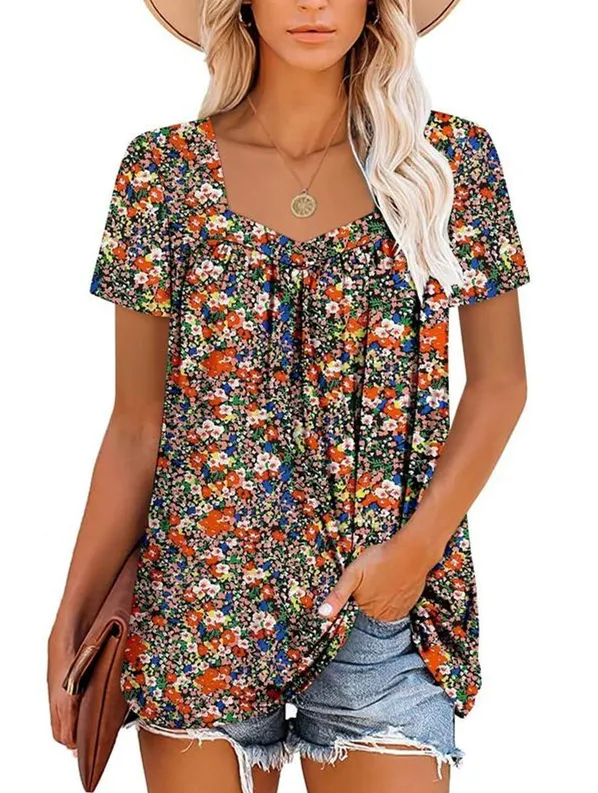 Women's Summer Pleated Printed Short-Sleeves