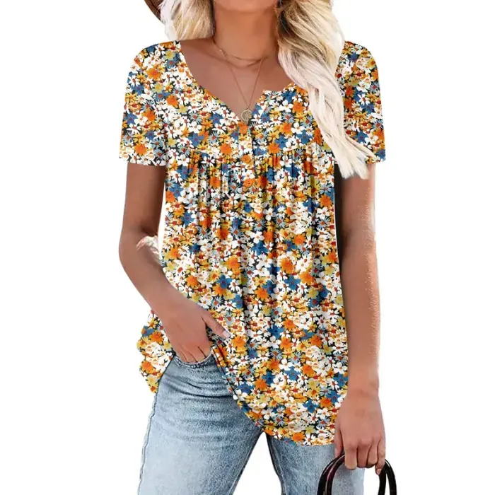 Women's Summer Pleated Printed Short-Sleeves