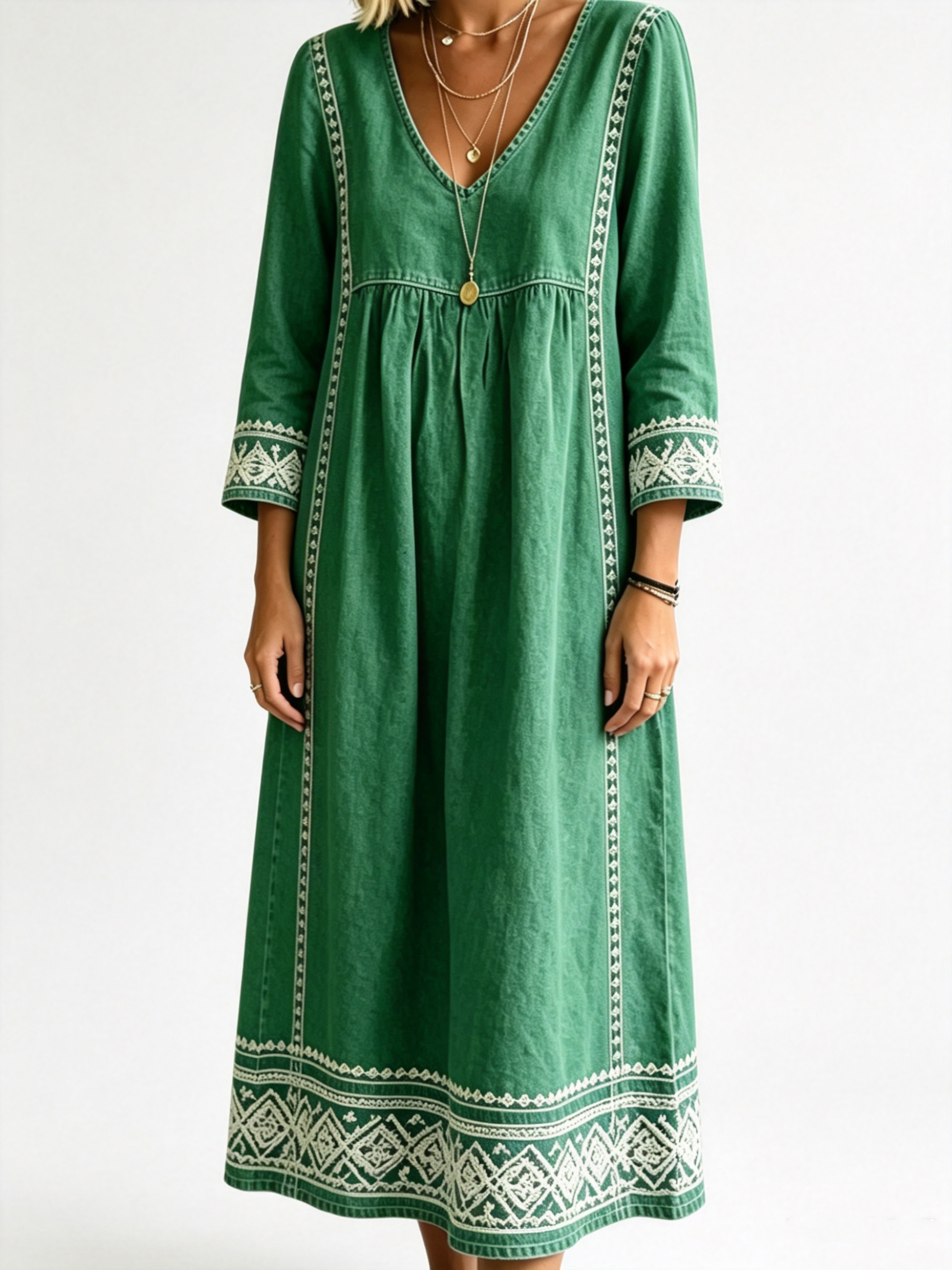 Women’s Boho Embroidered V‑Neck Midi Dress