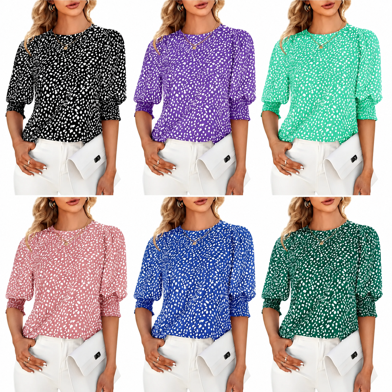 Cicy Bell Women's Polka Dot 3/4 Sleeve Blouse Tops Ladies Casual Office Work Crew Neck T-Shirt Spring Soft Crewneck