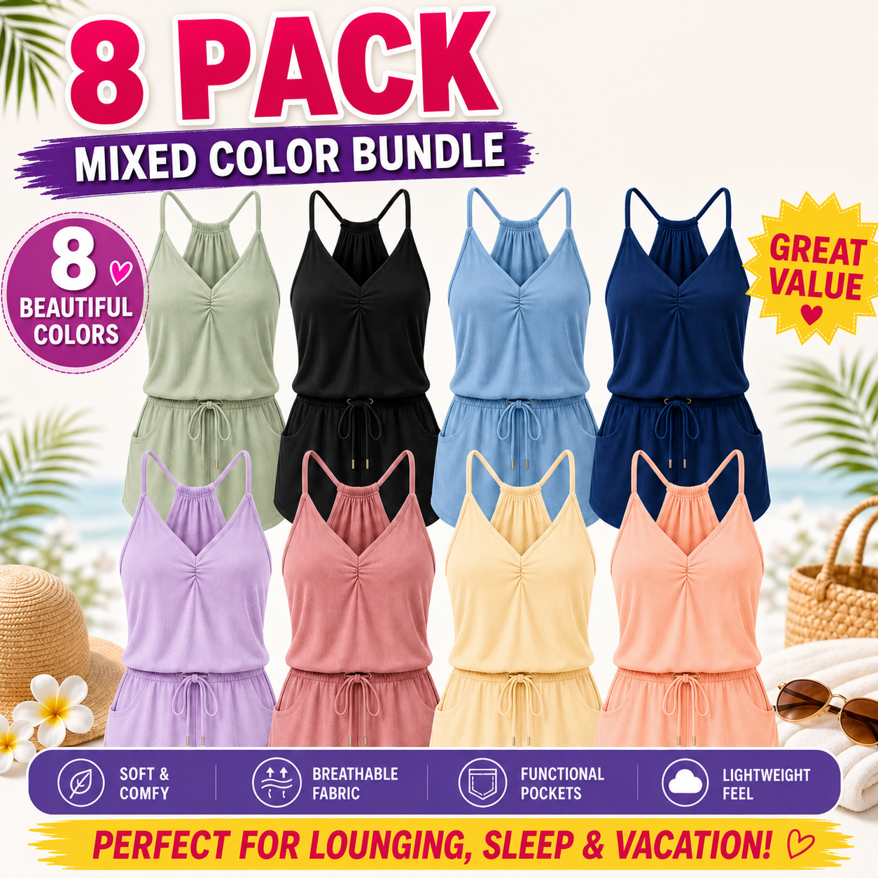 Women's Textured Modal Blend V-Neck Racerback Lounge Rompers