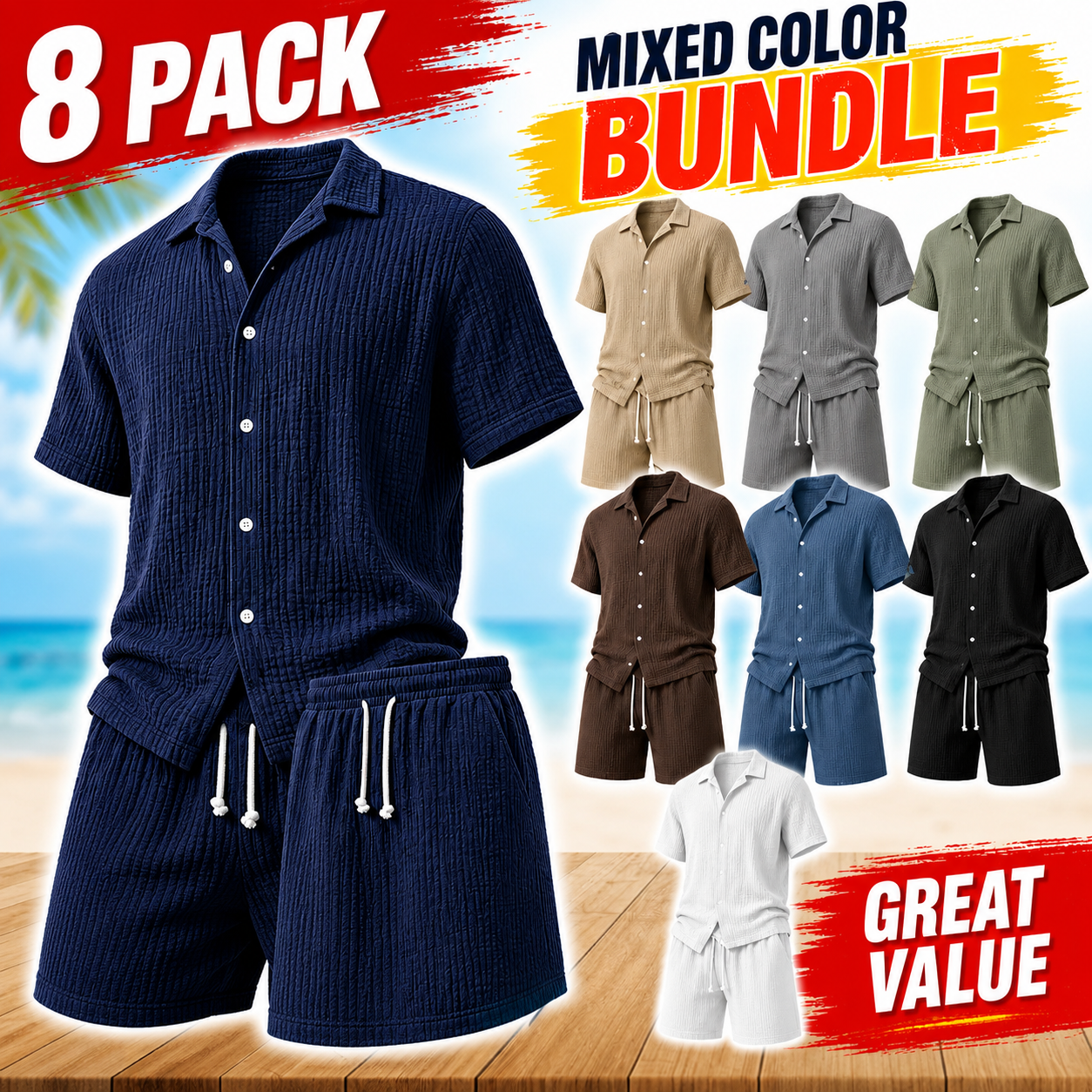 Limited Deal 8-Pack Men's Crinkle Cotton-Blend Camp Collar Shirt and Shorts Sets, Lightweight Breathable Relaxed Fit