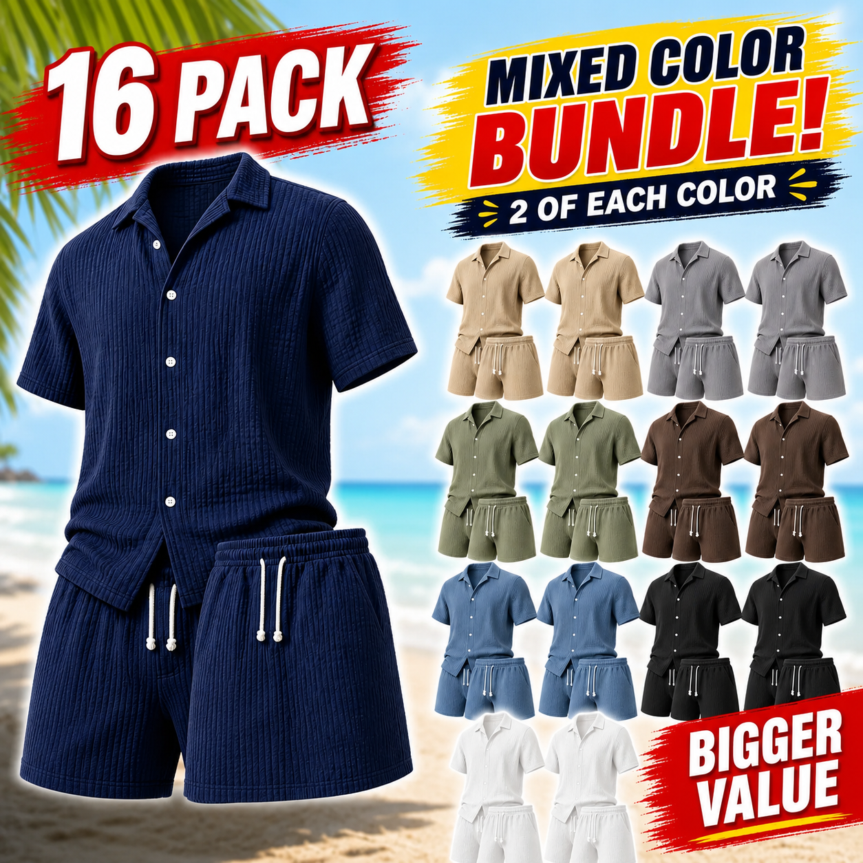 Limited Deal 8-Pack Men's Crinkle Cotton-Blend Camp Collar Shirt and Shorts Sets, Lightweight Breathable Relaxed Fit