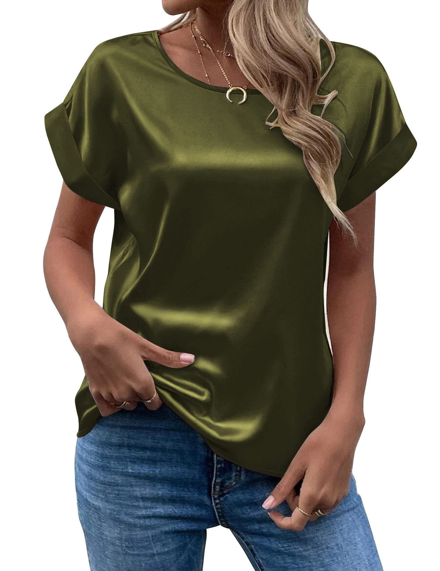 Elegant round neck loose casual top, luxurious shimmering silk texture T-shirt