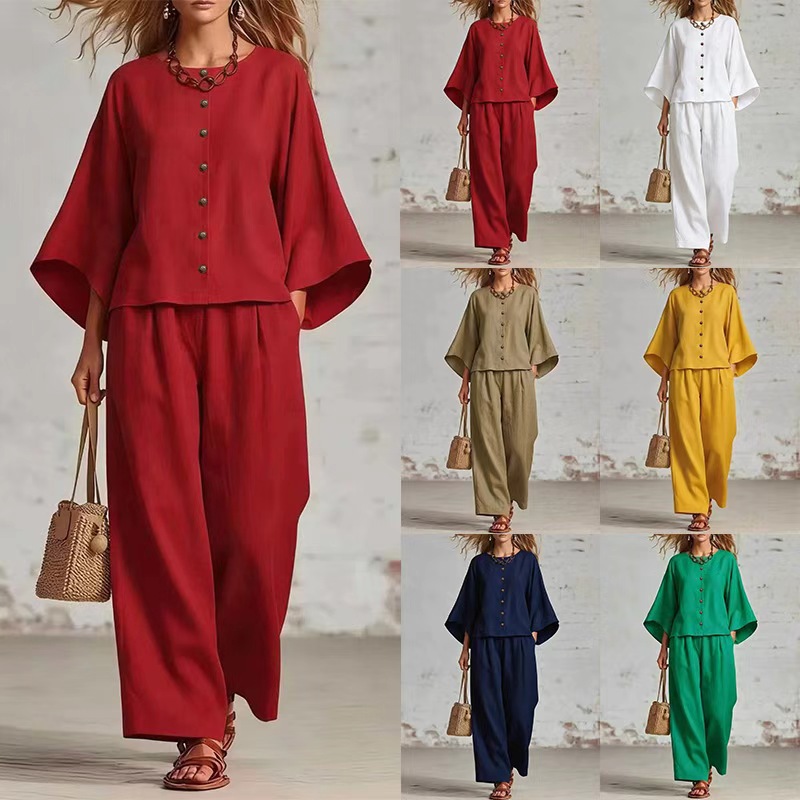 Women's Casual Button Front Two-Piece Lounge Set – Loose Fit Batwing Sleeve Top & Wide Leg Pants