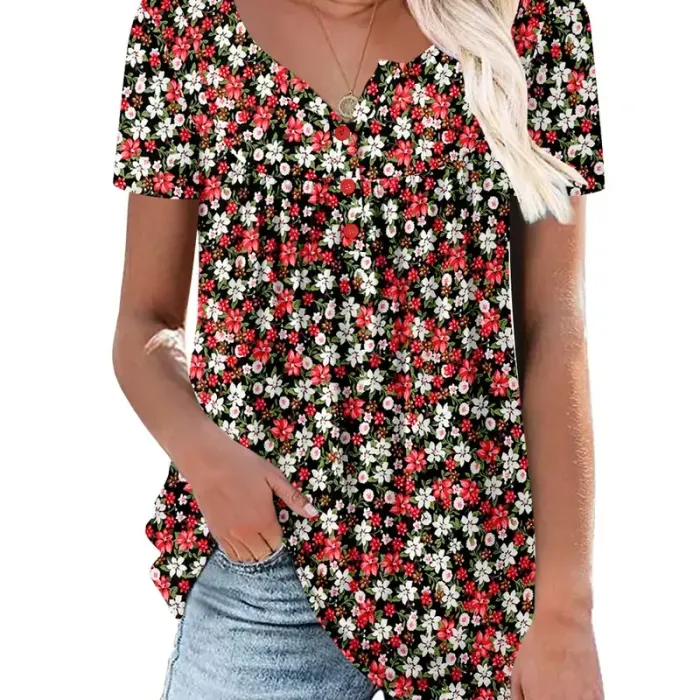 Women's Summer Pleated Printed Short-Sleeves