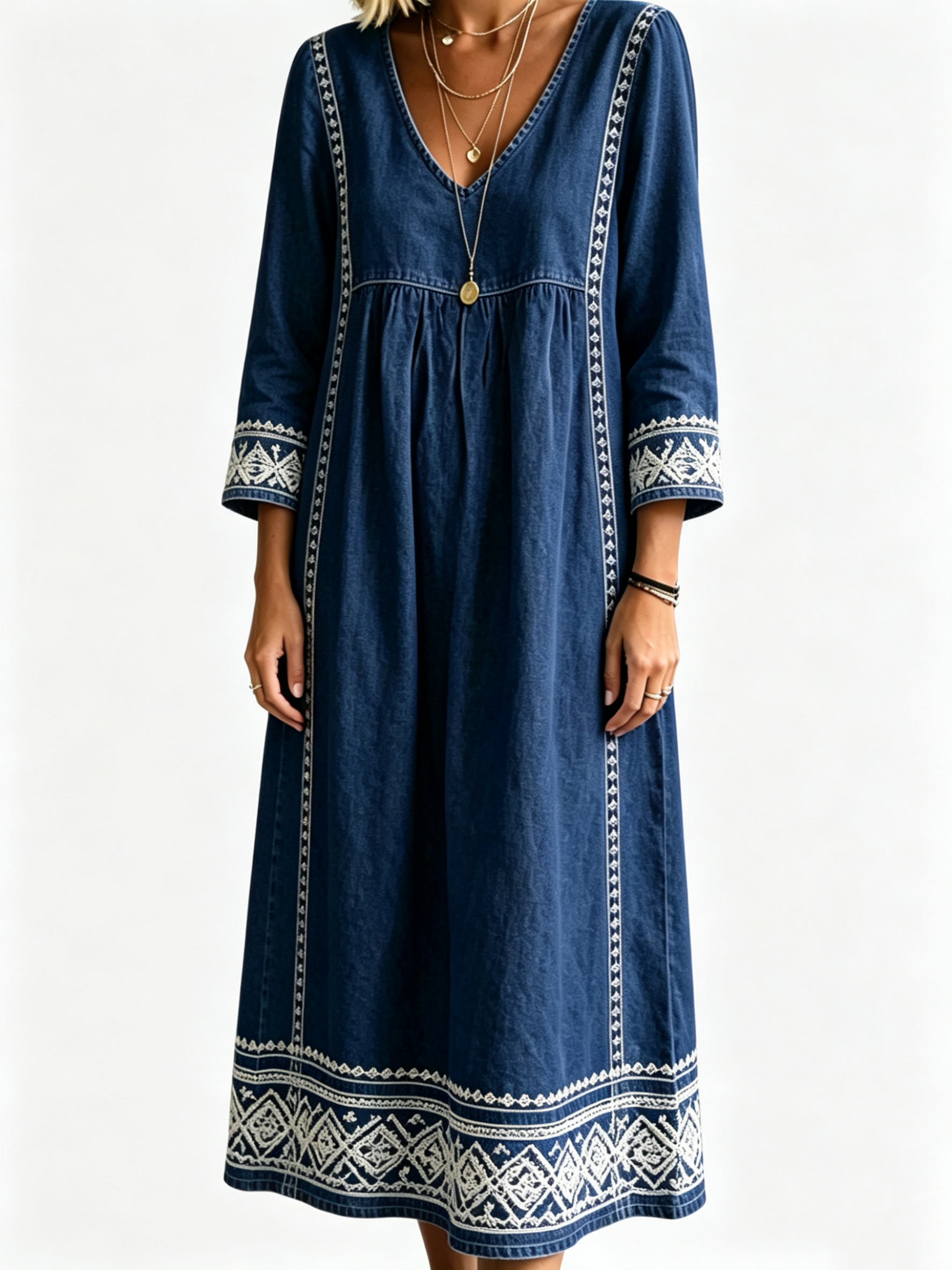 Women’s Boho Embroidered V‑Neck Midi Dress