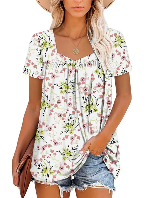 Women's Summer Pleated Printed Short-Sleeves