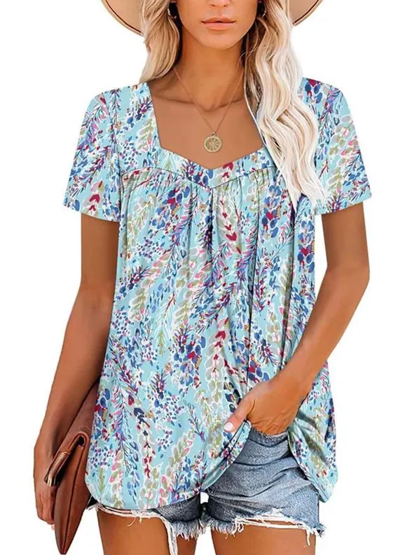 Women's Summer Pleated Printed Short-Sleeves