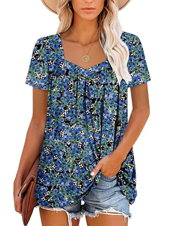 Women's Summer Pleated Printed Short-Sleeves