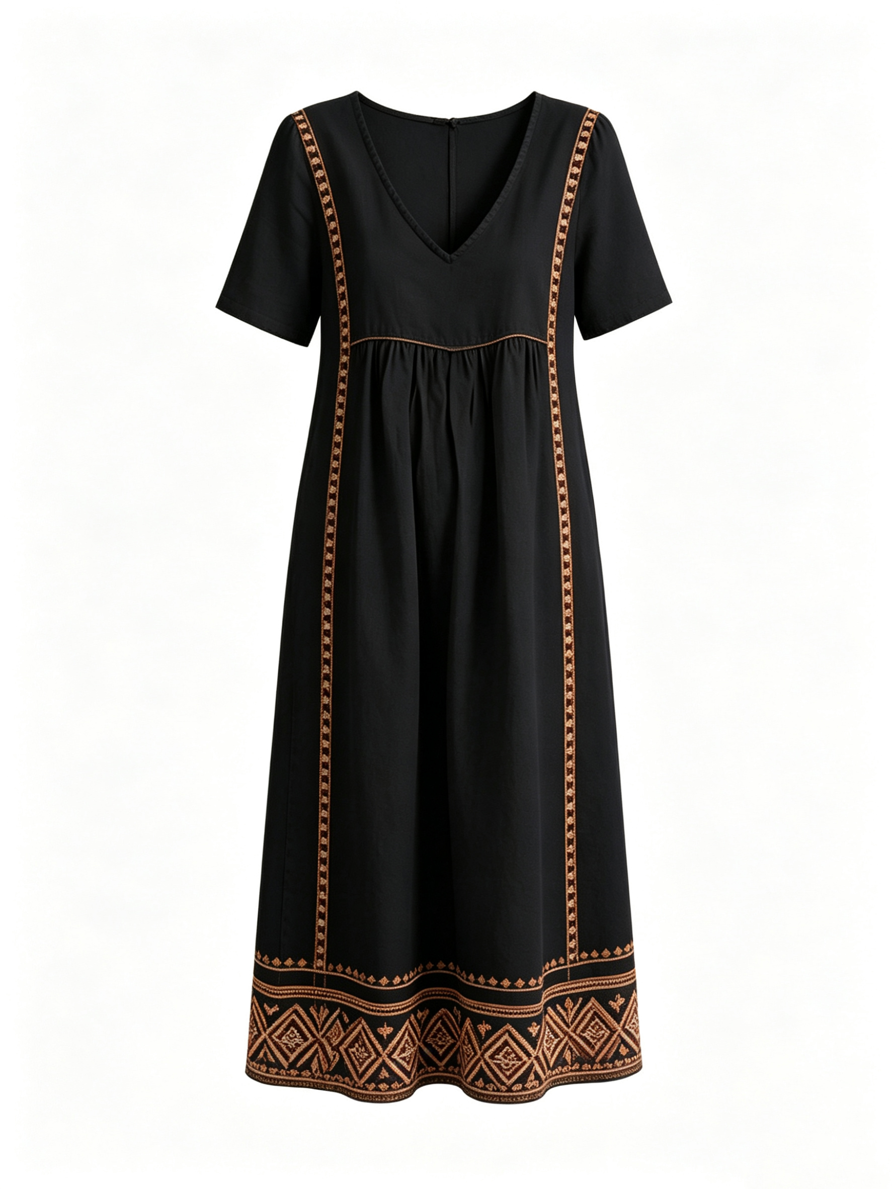 Women’s Boho Embroidered Midi Dress, V‑Neck Short Sleeve Loose Casual Dress, Ethnic Geometric Embroidery Flowy Summer Dress for Vacation Daily Wear