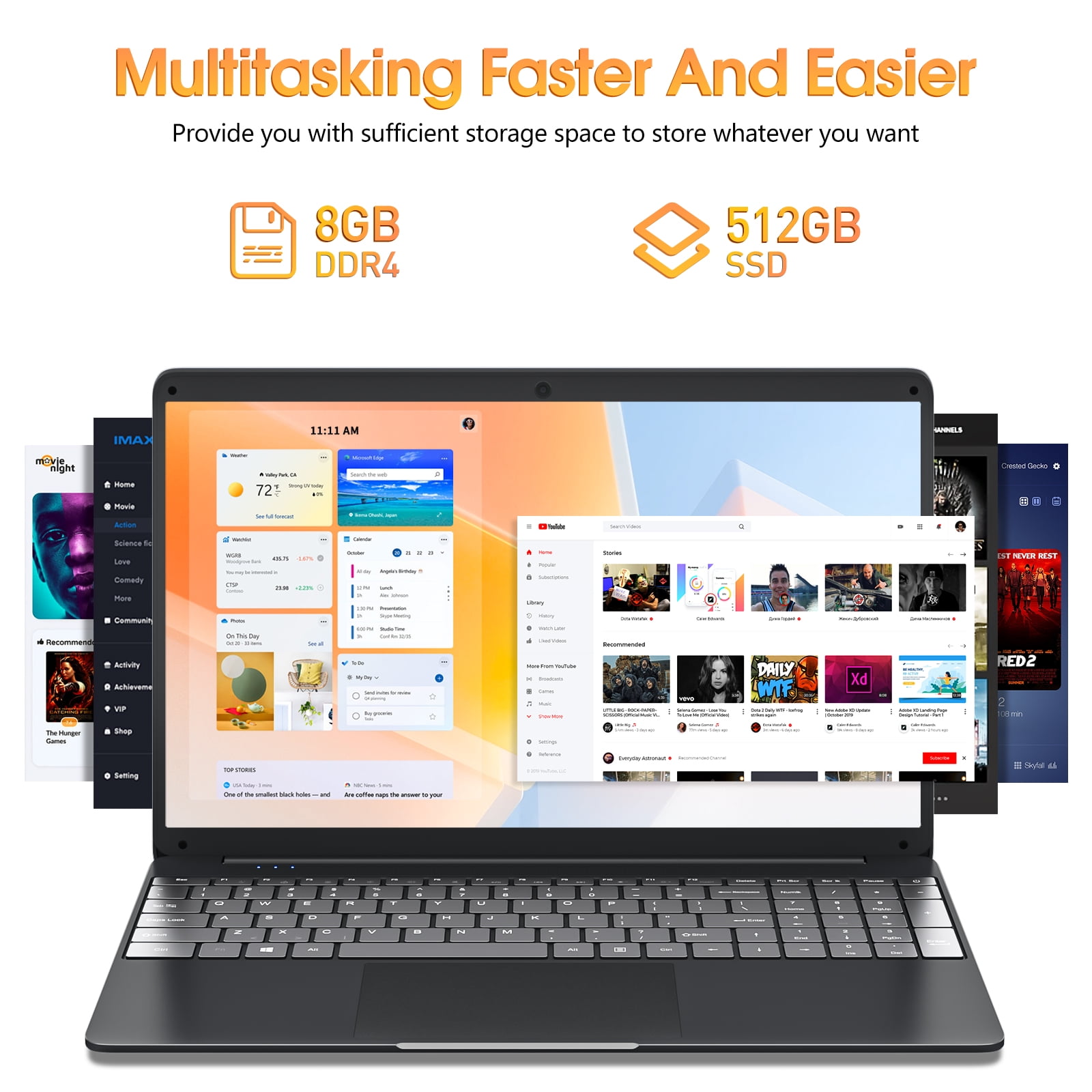 SGIN portátil de 15,6 pulgadas, 8 GB DDR4, 256 GB SSD, Windows 11 con procesador Intel Celeron de 4 núcleos, HD IPS 1366x 768