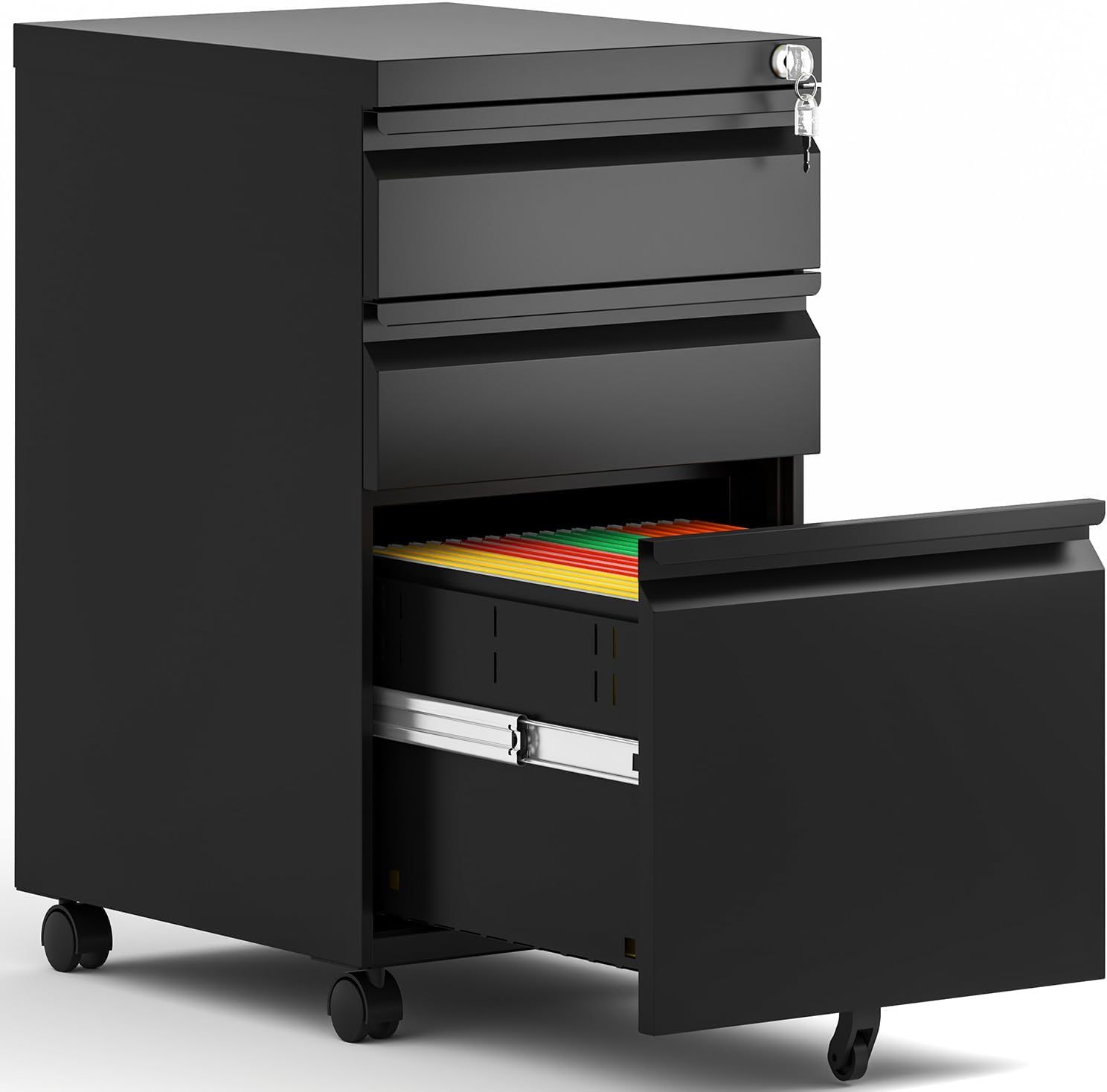 BIZOEIRON - Archivador móvil de 3 cajones, archivador de metal debajo del computadora con cerradura y ruedas, archivador rodante para oficina en casa, legal/letra/archivo A4 (negro)