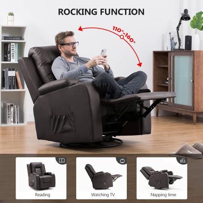 COMHOMA - Silla reclinable giratoria, mecedora de poliuretano para adultos, con masaje y calor, portavasos, bolsillos laterales, para sala de estar y recámara