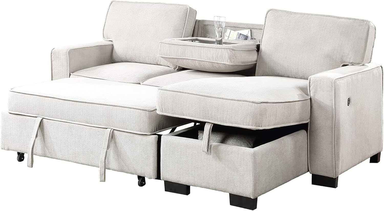 Lilola Home Estelle - Cama Reversible de Tela Beige de 86 Pulgadas, con Mesa desplegable de Almacenamiento para tumbonas, 2 portavasos y 2 Puertos USB