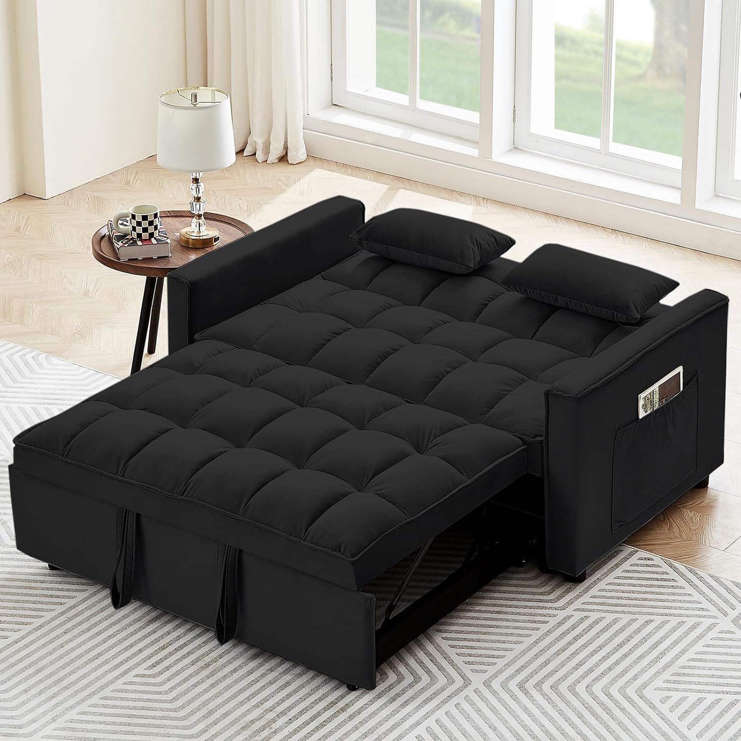 CALABASH Sofá convertible de 55 pulgadas 3 en 1 sofá de terciopelo pequeño con cama extraíble, respaldo reclinable, almohadas y bolsillos, futón para sala de estar, departamento, oficina