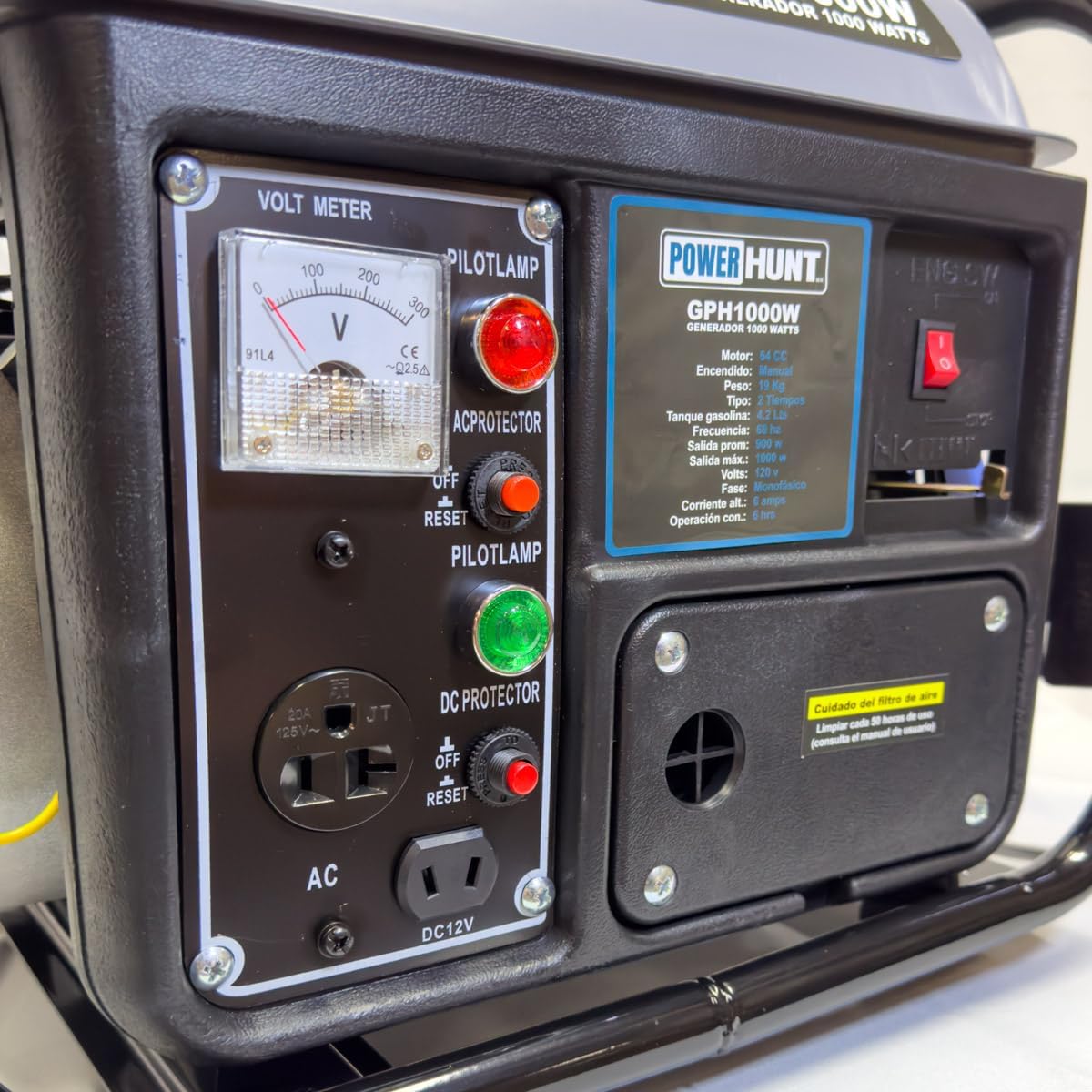 Generador Portátil Power Hunt 1000w Monofásico A Gasolina moto 2 tiempos con 120 volts tanque de gasolina 4.2 litros.