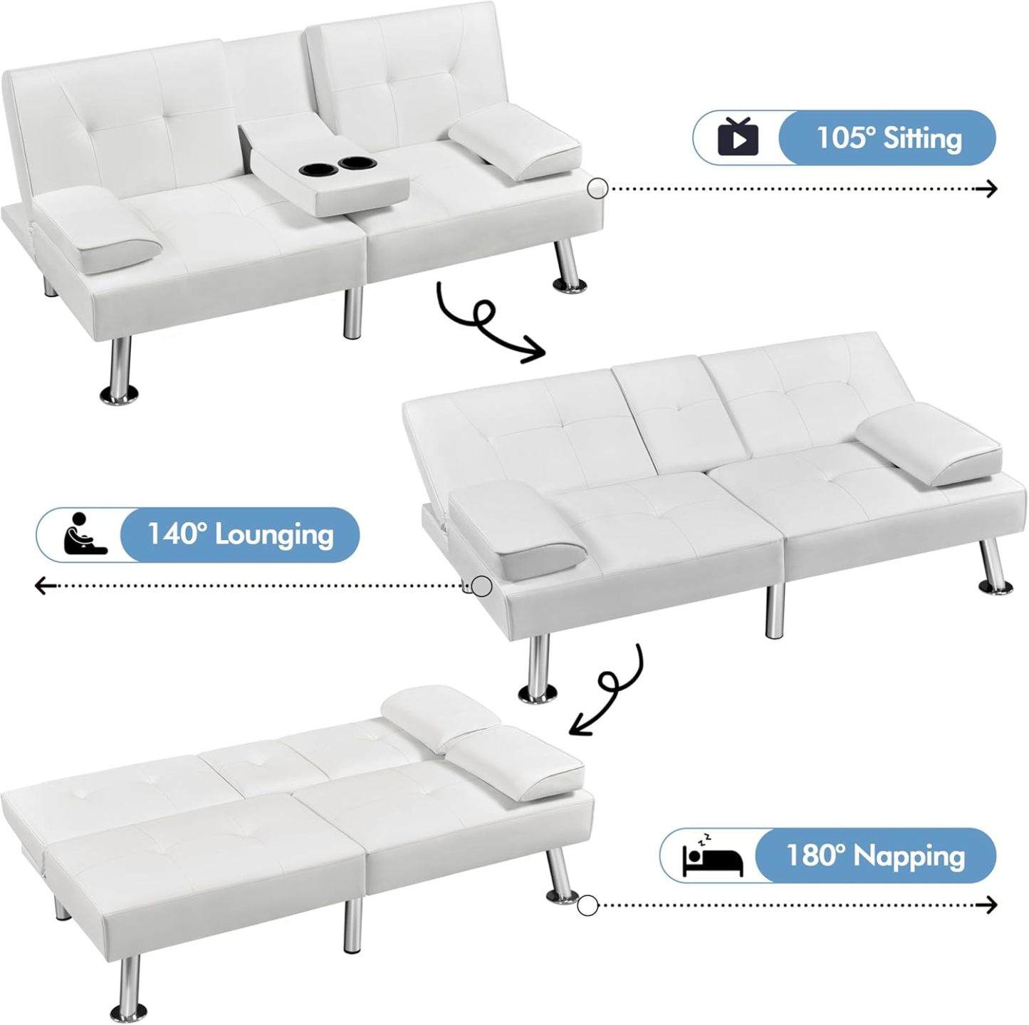 Yaheetech - Sofá Cama Convertible Ajustable, Moderno sillón reclinable de Piel sintética Reversible, sofá Cama Plegable, reposabrazos extraíbles, portavasos, 3 ángulos, Capacidad de 700 Libras, Color