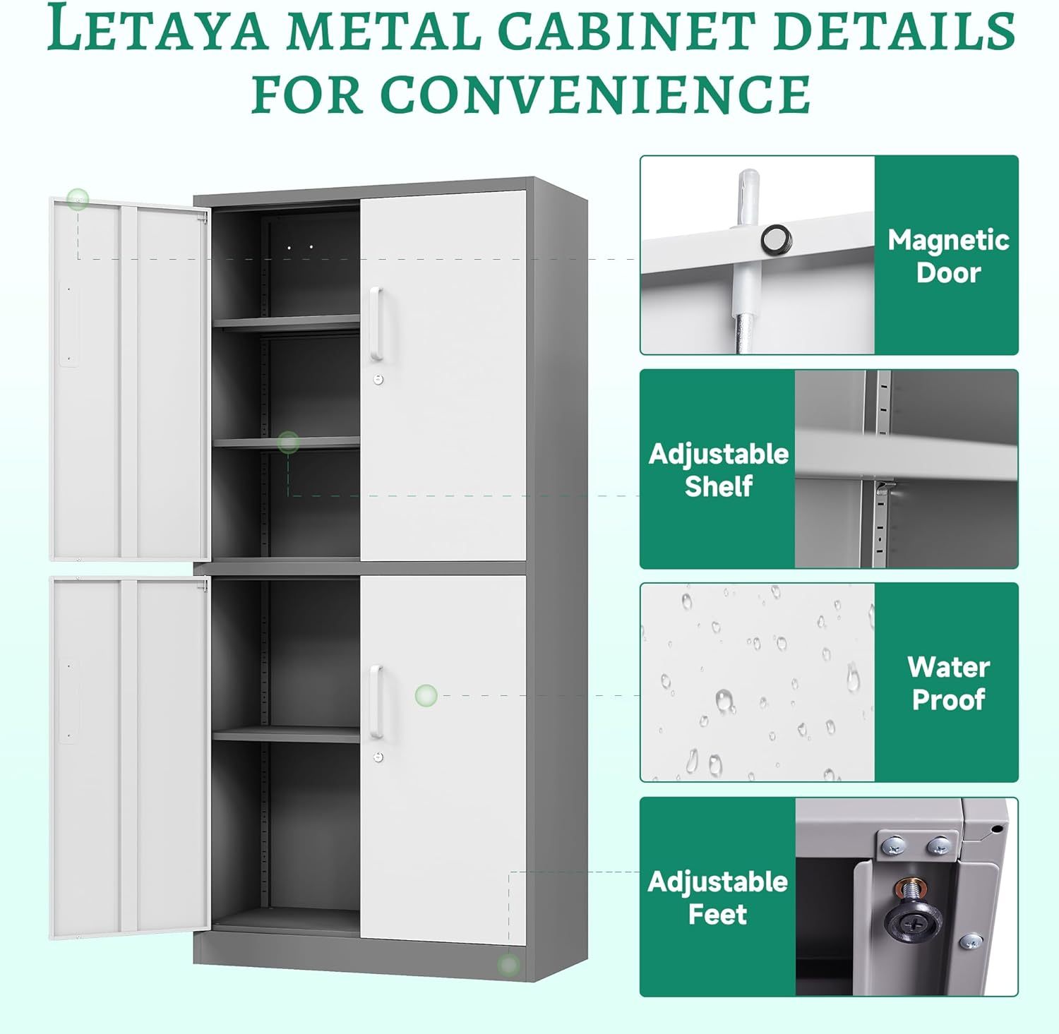 Letaya - Armarios de almacenamiento de metal con puerta de cerradura, armarios de acero, 5 estantes ajustables para el hogar, oficina, almacén (blanco)