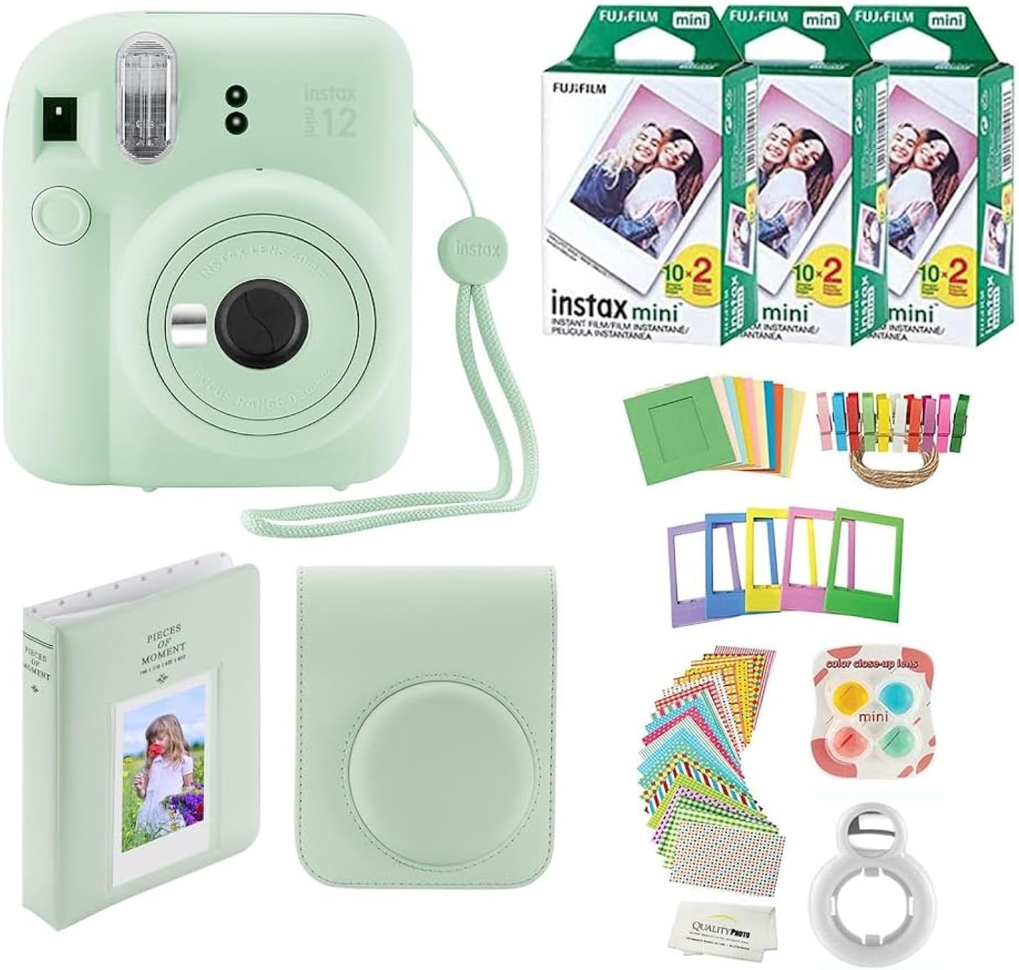 Fujifilm Instax Mini 12 cámara instantánea + 60 impresiones fotográficas + paquete de calidad para fotos, estuche, pegatinas decorativas, marcos, álbum de fotos, verde menta