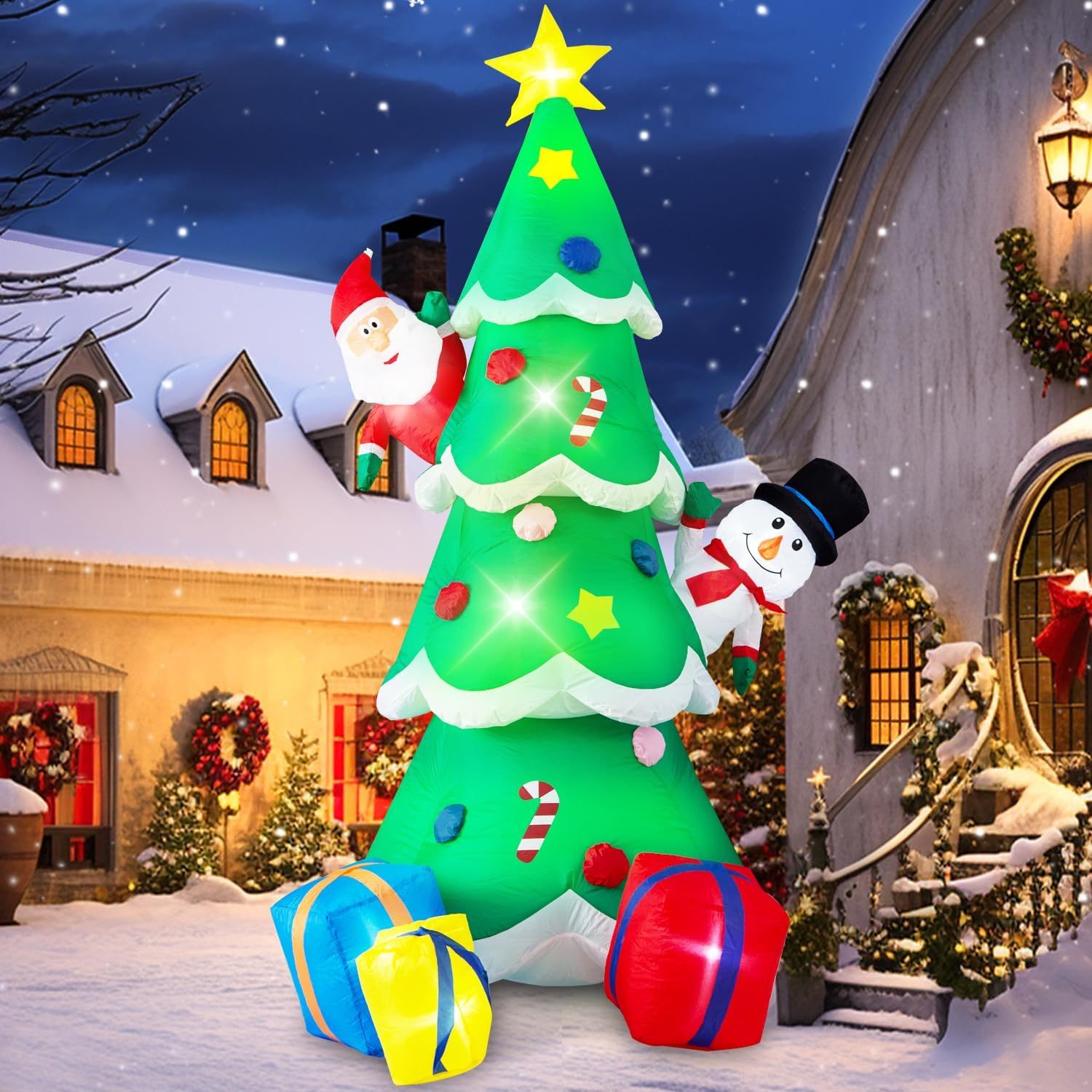 Danxilu 1.83M Arbol de Navidad Inflable con Papá Noel Perro Decoraciones al Aire Libre, Inflables Navidad Arbol Santa Claus para el Patio Inflables Navideños Decoración Iluminada con Leds