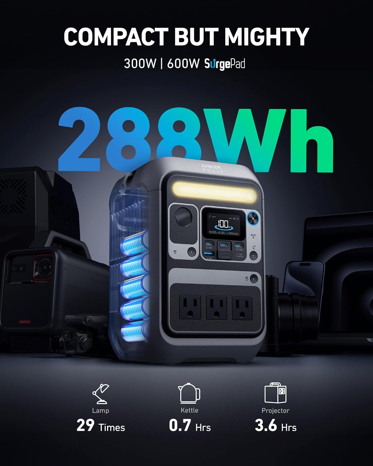 Anker - Estación de energía portátil SOLIX C300, batería LiFePO4 de 288 Wh, generador solar de 300 W (600 W), carga rápida bidireccional de 140 W, para acampar al aire última intervensión, viajes y