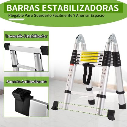 Bowoshen Escalera Telescópica de 5 Metros con Ganchos Escalera Recta de Aluminio Soporta 150 kg Plegable De Retracción Multiusos Extensible Compacta y Portátil Bloqueo De Escalón