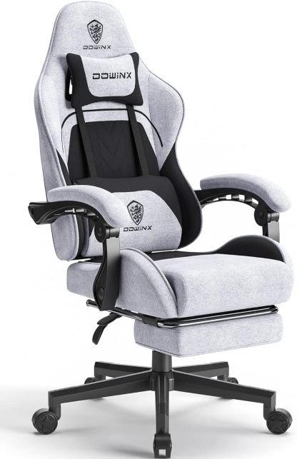 Dowinx - Silla de Juego de Tela con cojín de Resorte de Bolsillo, Silla de Juego de Masaje con reposacabezas, Silla ergonómica de computadora con reposapiés de 300 Libras, Negro y Gris