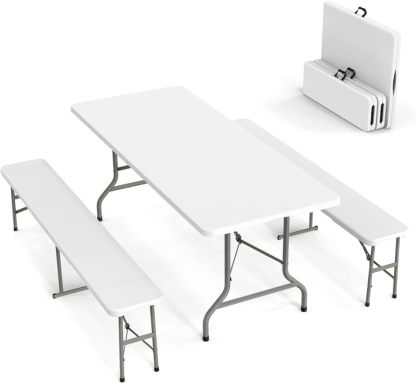 Juego de mesa de picnic con 2 bancos, juego de sillas de mesa de camping de 6 pies, muebles plegables de 3 piezas para uso interior o exterior