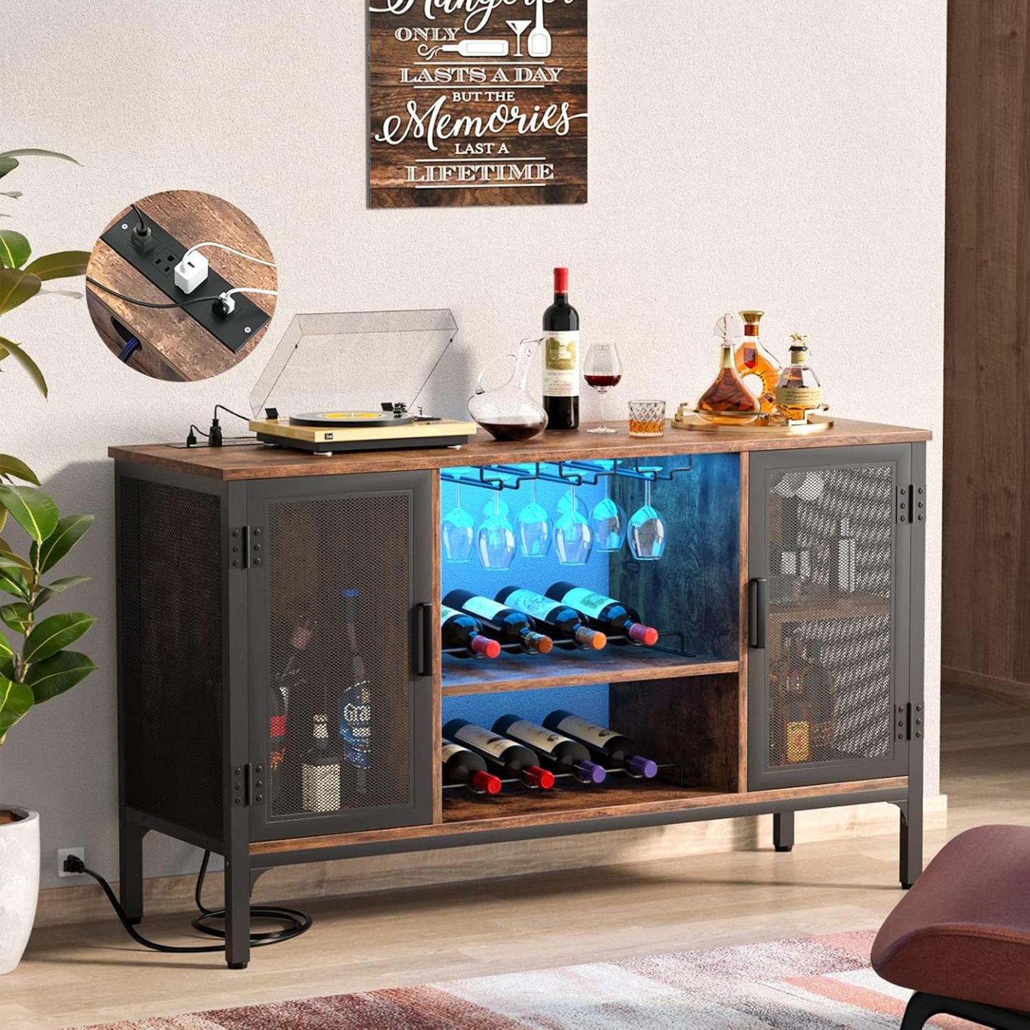 Homieasy Gabinete de Bar de Vino con Tomas de Corriente y Luces LED, Gabinete Industrial para Licor con Estantes de Vino Ajustables, Gabinetes de Estación de Café con Almacenamiento para Cocina/Hogar