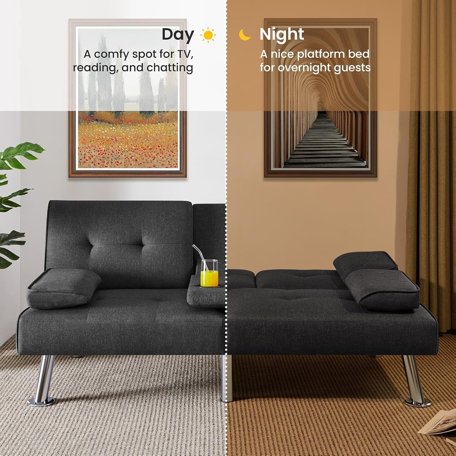 Yaheetech - Sofá Cama Convertible Ajustable, Moderno sillón reclinable de Piel sintética Reversible, sofá Cama Plegable, reposabrazos extraíbles, portavasos, 3 ángulos, Capacidad de 700 Libras, Color