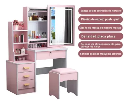 Tocador Multifuncional Moderno Con Espejo, Silla Y 4 Cajones