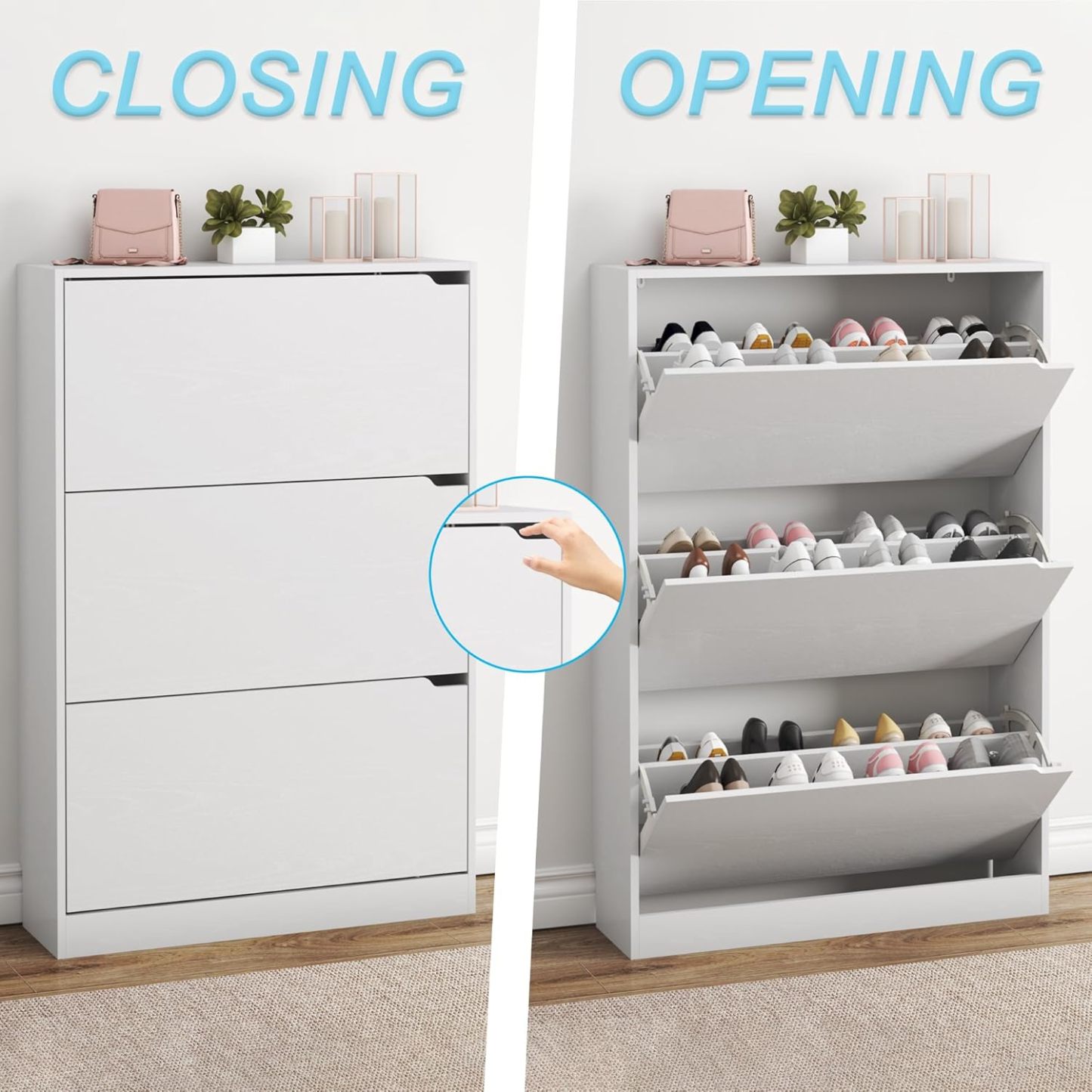 clóset de zapatos con 3 cajones abatibles, clóset de madera oculto, clóset de almacenamiento de zapatos no empotrado para entrada, pasillo, color blanco 47 pulgadas de alto x 31.5 pulgadas