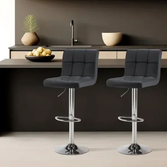 Conjunto de 4 taburetes de bar: Cuero PU de lujo, giratorios y ajustables, taburetes de mostrador de cocina sin brazos con cojín engrosado y respaldo, taburetes de bar de isla hidráulica, negro