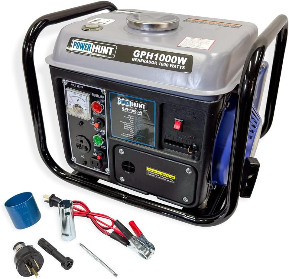 Generador Portátil Power Hunt 1000w Monofásico A Gasolina moto 2 tiempos con 120 volts tanque de gasolina 4.2 litros.