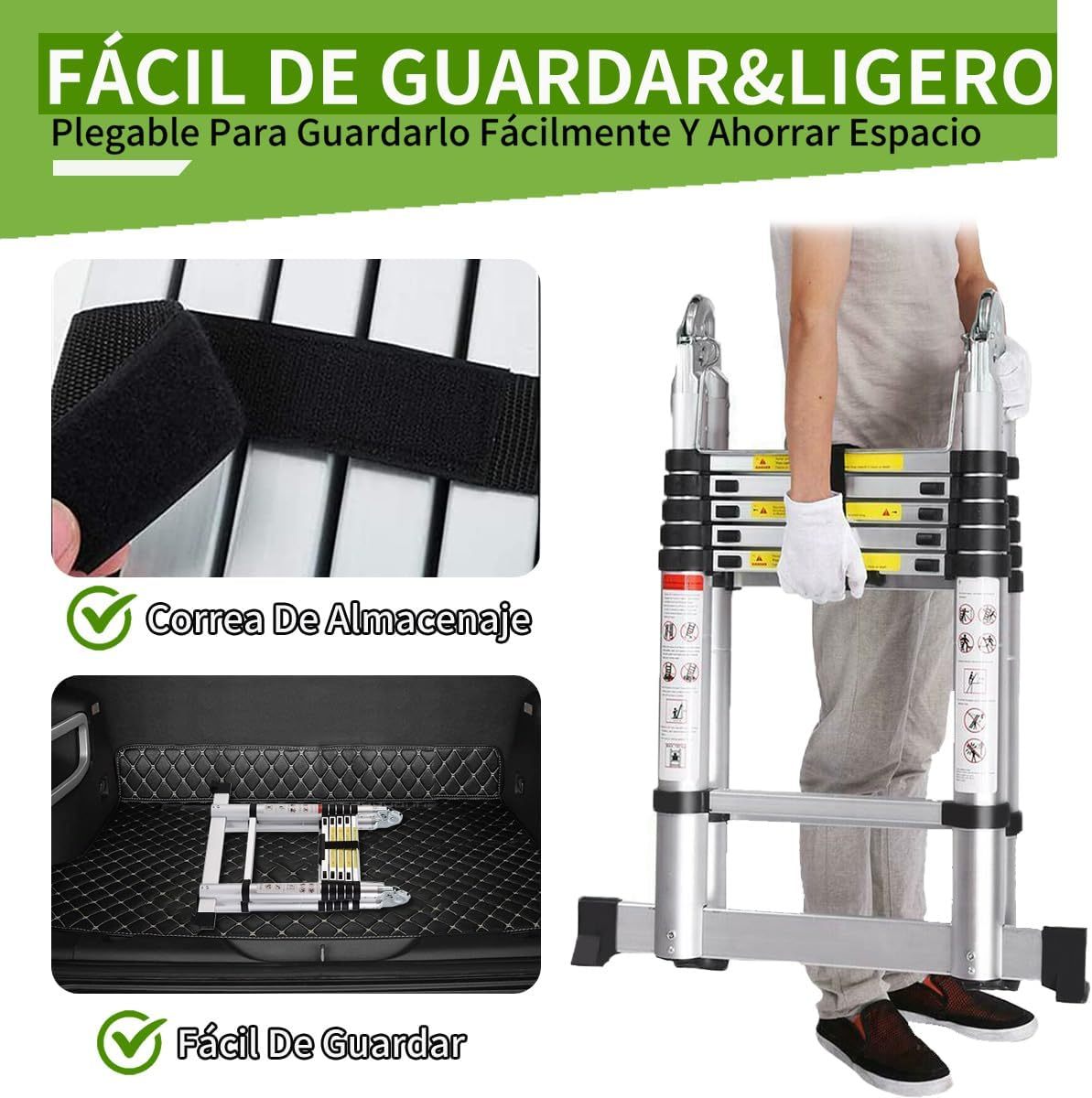 Bowoshen Escalera Telescópica de 5 Metros con Ganchos Escalera Recta de Aluminio Soporta 150 kg Plegable De Retracción Multiusos Extensible Compacta y Portátil Bloqueo De Escalón