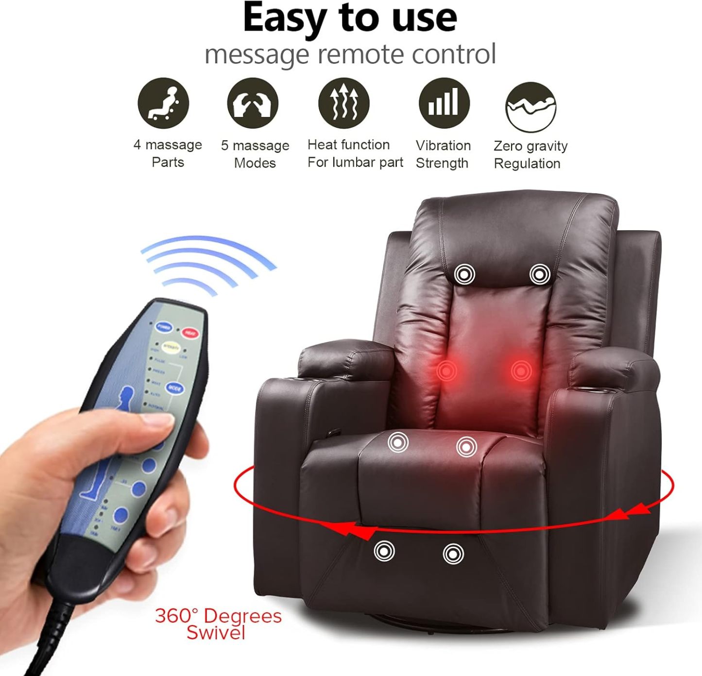 COMHOMA - Silla reclinable giratoria, mecedora de poliuretano para adultos, con masaje y calor, portavasos, bolsillos laterales, para sala de estar y recámara