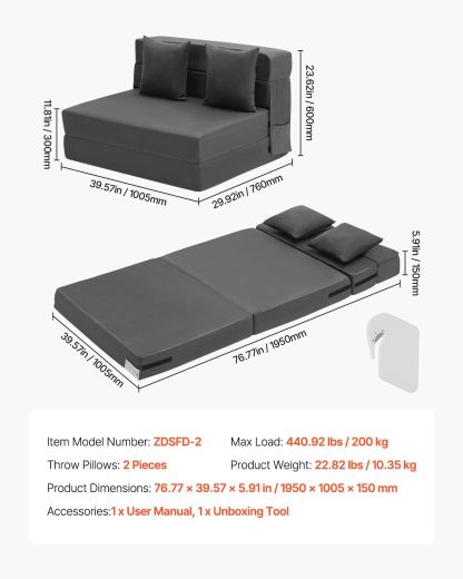 VEVOR - Sofá Cama Plegable 3 en 1 con 2 Almohadas y Funda Lavable, 25D de Espuma viscoelástica Convertible de Alta Densidad, sofá de futón para Sala de Estar, recámara, Gris Oscuro (Individual)