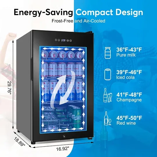 Refrigerador de bebidas de 17 pulgadas de ancho - Enfriador de bebidas para 126 latas con puerta de vidrio | Mini refrigerador para bebidas y cerveza de encimera/independiente | Memoria de temperatura | Puerta invisible |