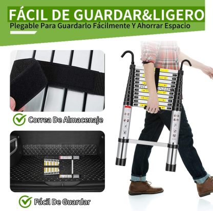 Bowoshen Escalera Telescópica de 5 Metros con Ganchos Escalera Recta de Aluminio Soporta 150 kg Plegable De Retracción Multiusos Extensible Compacta y Portátil Bloqueo De Escalón
