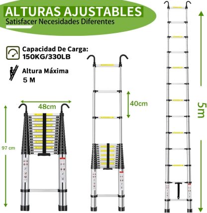 Bowoshen Escalera Telescópica de 5 Metros con Ganchos Escalera Recta de Aluminio Soporta 150 kg Plegable De Retracción Multiusos Extensible Compacta y Portátil Bloqueo De Escalón
