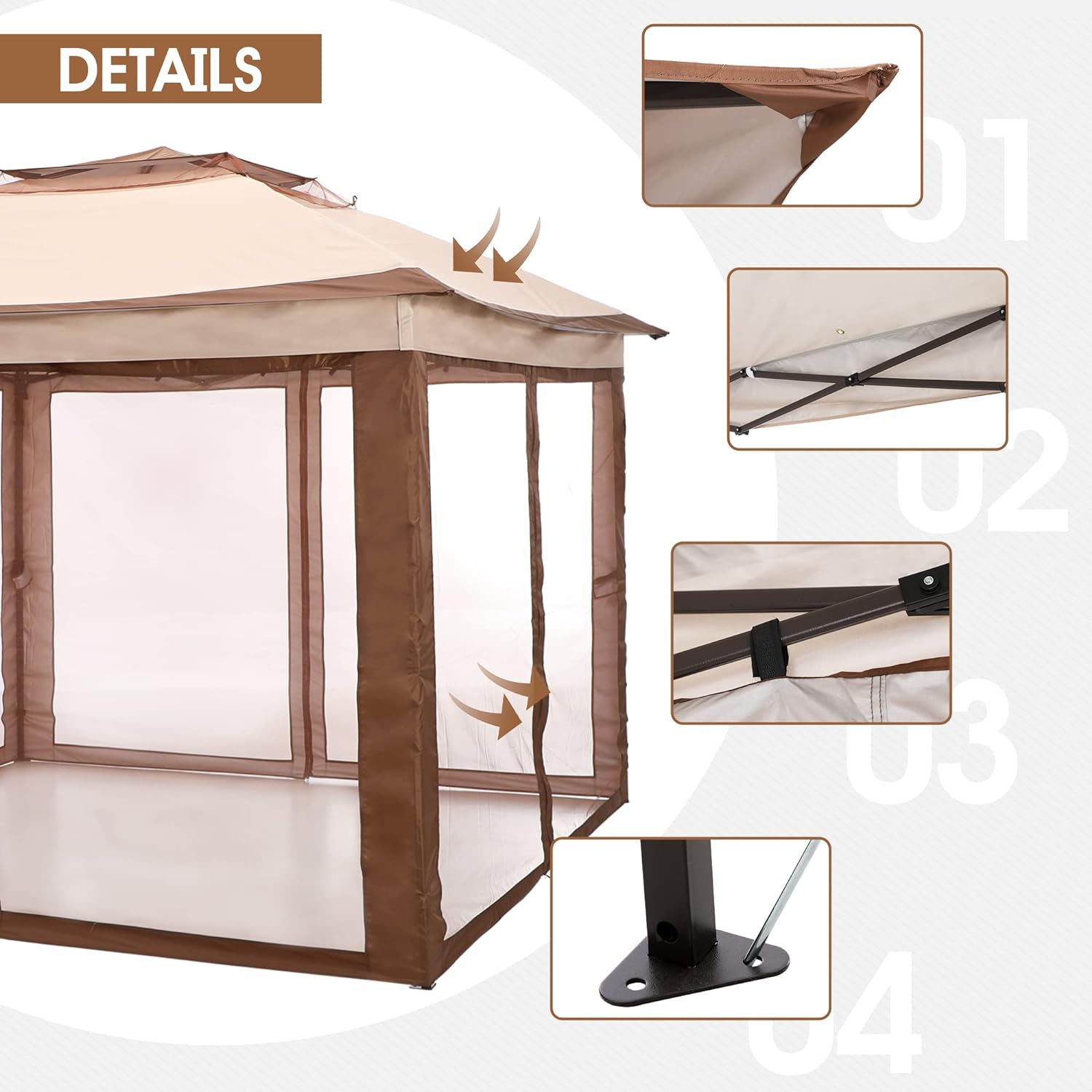 PHI VILLA - Toldo parasol con bloqueo UV de 4 x 4 m con kits de herramientas, pantalla de cenador para patio al aire libre, eventos de jardín, marrón