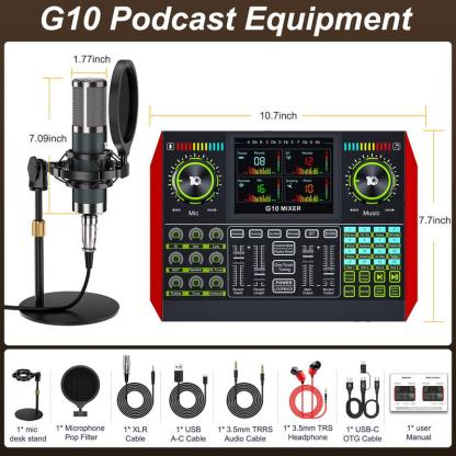 Kit de tarjeta de sonido de mezcla Tenlamp G10-P15, efectos de sonido personalizables, reducción de ruido de dos niveles, equipado con un micrófono de condensador, adecuado para transmisión en vivo, juegos, canto, podcasting y más.