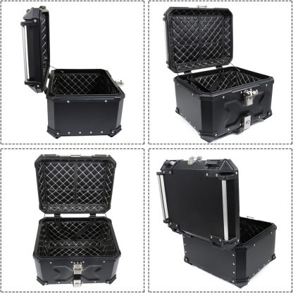 Labwork - Caja trasera para motocicleta de 45 l, con placa de montaje, aleación de aluminio dura, cierre de seguridad contra robo, metal plateado, caja trasera para maletero