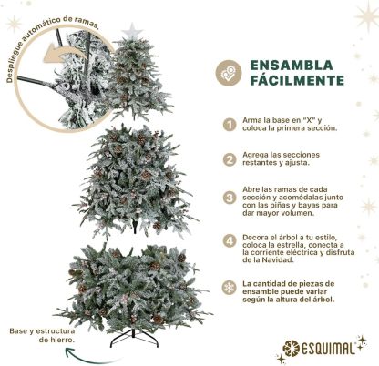 ESQUIMAL Árbol de Navidad Nevado con Luces LED 8 Modos de Iluminación + Estrella + Piñas + Bayas Rojas (1.80 m)