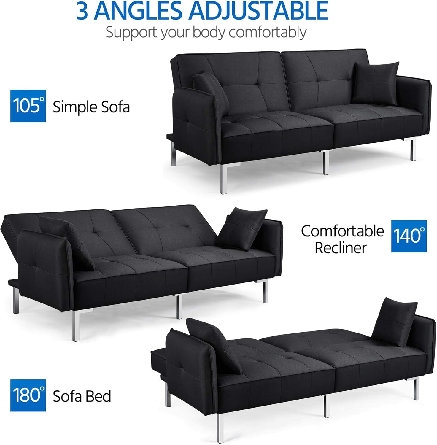 Yaheetech Sofá cama convertible moderno futón sofás, cama plegable y abajo, tela de lino reclinable para sala de estar, color gris