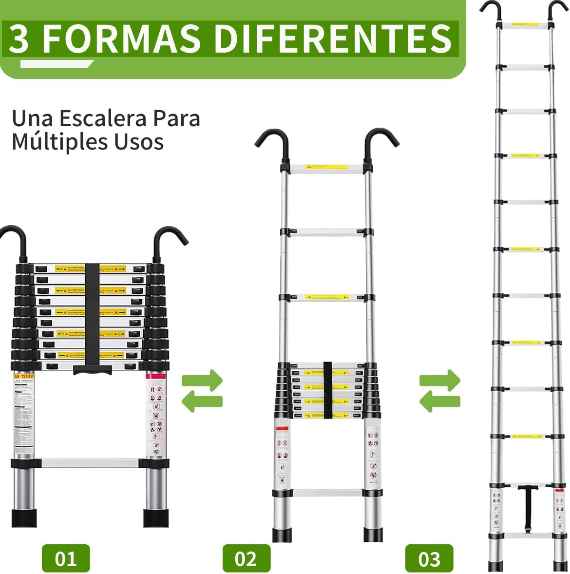 Bowoshen Escalera Telescópica de 5 Metros con Ganchos Escalera Recta de Aluminio Soporta 150 kg Plegable De Retracción Multiusos Extensible Compacta y Portátil Bloqueo De Escalón