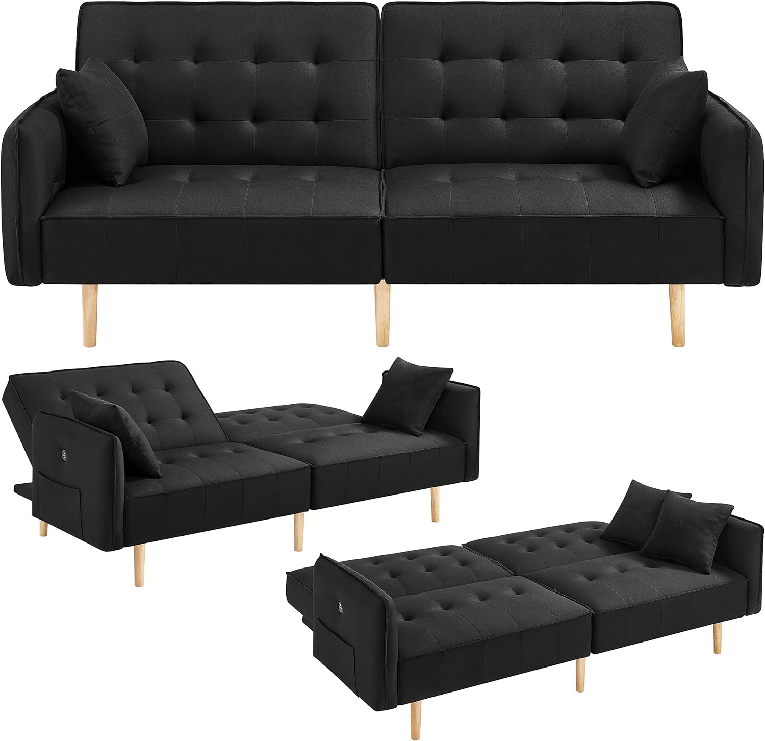 Yaheetech Sofá cama convertible moderno futón sofás, cama plegable y abajo, tela de lino reclinable para sala de estar, color gris