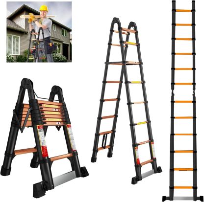 EvaStar - Escalera telescópica con marco A, escaleras telescópicas de aluminio ligeras con estabilizadores triangulares, barra estabilizadora y ruedas, escalera de extensión de capacidad de 350 libras