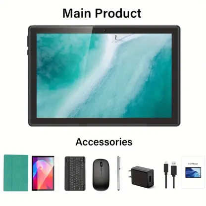 10 Inch 2-in-1 Android Tablet - 4GB RAM, 64GB ROM, 1TB Expand, Android 13, WiFi, Wireless, GMS, with Keyboard, Mouse, Case, and Stylus